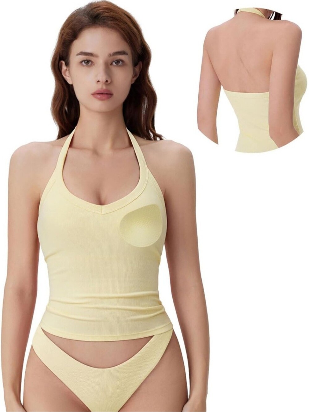 Yellow built in bra padded v neck halter tank top